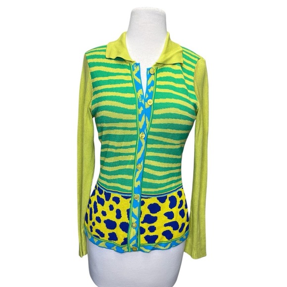 Kenzo Jeans Womens Y2K Cardigan Large Medium Green Animal Print Collared Pop Art - Picture 1 of 11